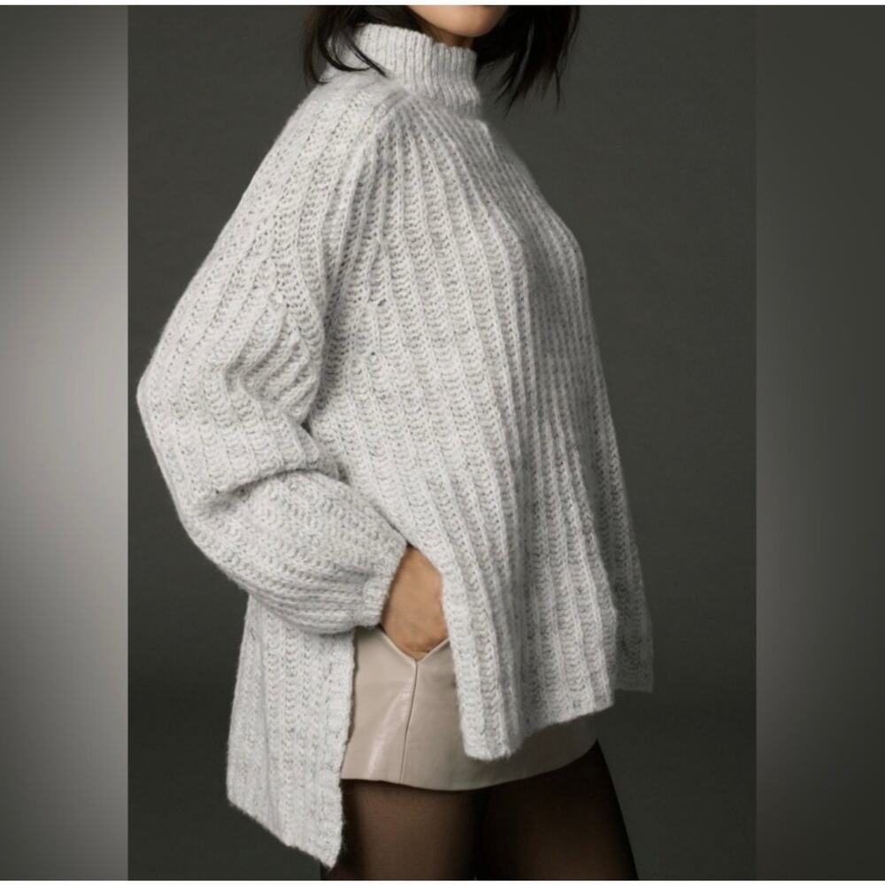 Anthropologie Chunky Light Gray Cable-Knit Turtleneck Sweater